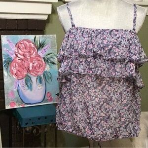 INC Silk Removable Strap Ruffle Tank Floral Top Size 6 Blue Pink Purple White